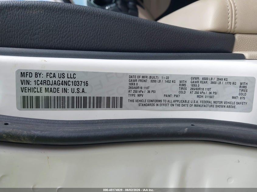 2022 Dodge Durango Sxt Awd VIN: 1C4RDJAG4NC103716 Lot: 45174929