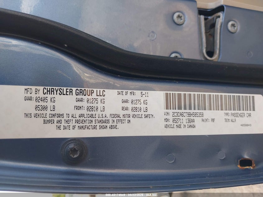 2011 Chrysler 300C VIN: 2C3CA6CT9BH585358 Lot: 45174949