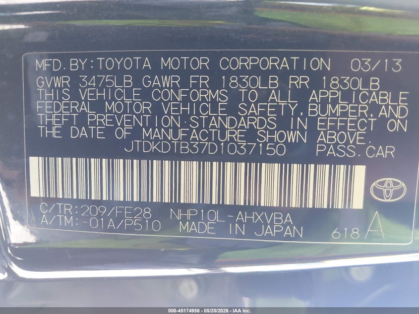2013 Toyota Prius C One VIN: JTDKDTB37D1037150 Lot: 45174956