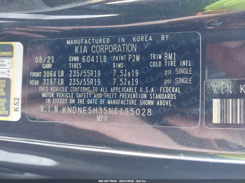 2022 Kia Carnival Mpv Sx VIN: KNDNE5H35N6135028 Lot: 45175040
