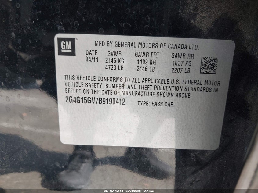2011 Buick Regal Cxl Turbo Oshawa VIN: 2G4G15GV7B9190412 Lot: 45175143