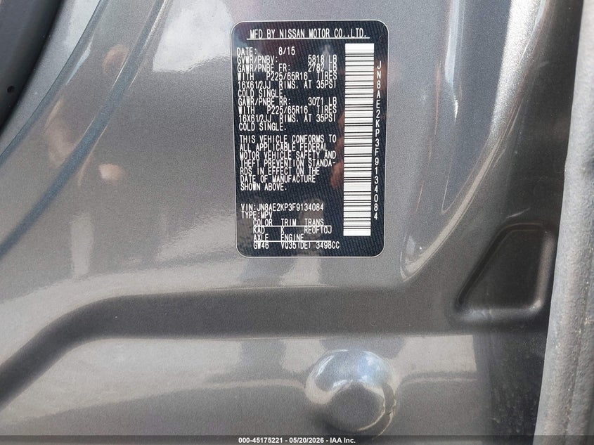 2015 Nissan Quest S VIN: JN8AE2KP3F9134084 Lot: 45175221