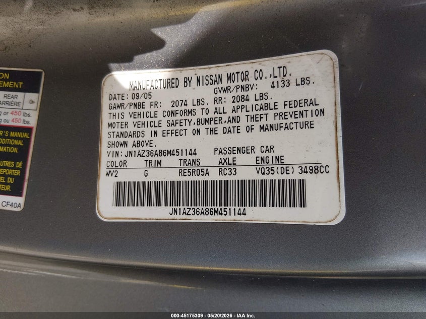 2006 Nissan 350Z Touring VIN: JN1AZ36A86M451144 Lot: 45175309