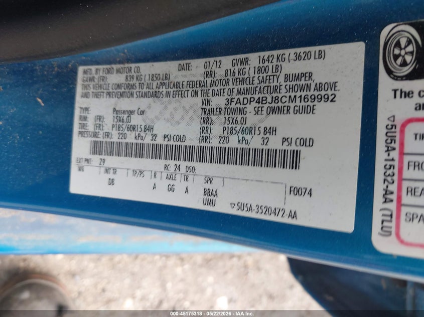 2012 Ford Fiesta 1.6 Se blue Lot 111045175318 Vin 3FADP4BJ8CM169992