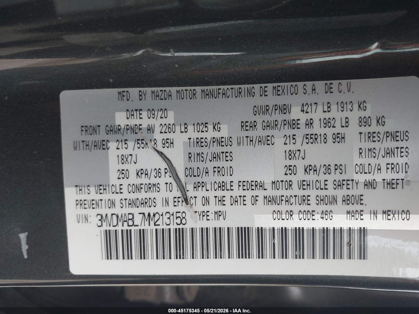 2021 Mazda Cx-30 Select VIN: 3MVDMABL7MM213158 Lot: 45175345
