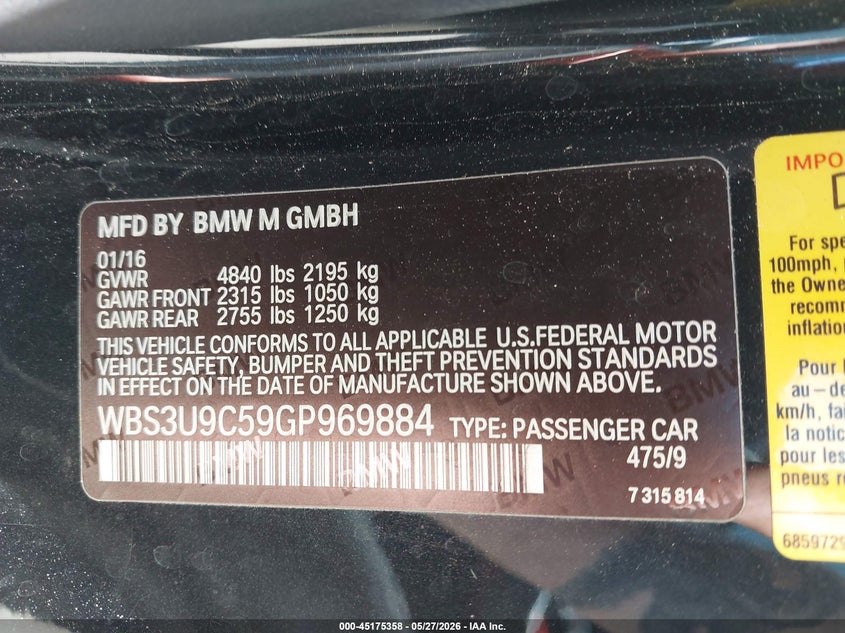 2016 BMW M4 VIN: WBS3U9C59GP969884 Lot: 45175358