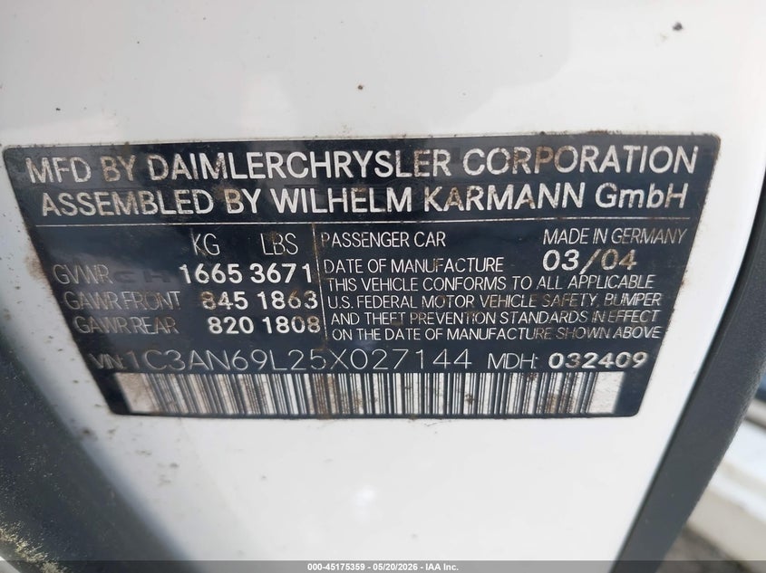 2005 Chrysler Crossfire Limited VIN: 1C3AN69L25X027144 Lot: 45175359