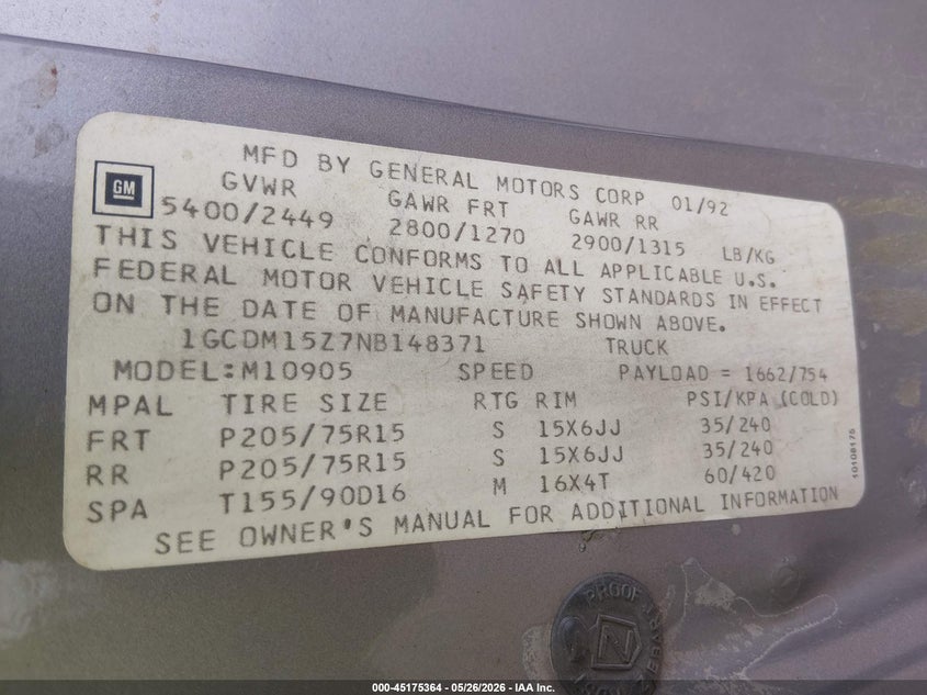 1992 Chevrolet Astro VIN: 1GCDM15Z7NB148371 Lot: 45175364