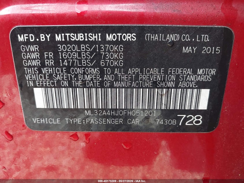 2015 Mitsubishi Mirage Es VIN: ML32A4HJ0FH051201 Lot: 45175389