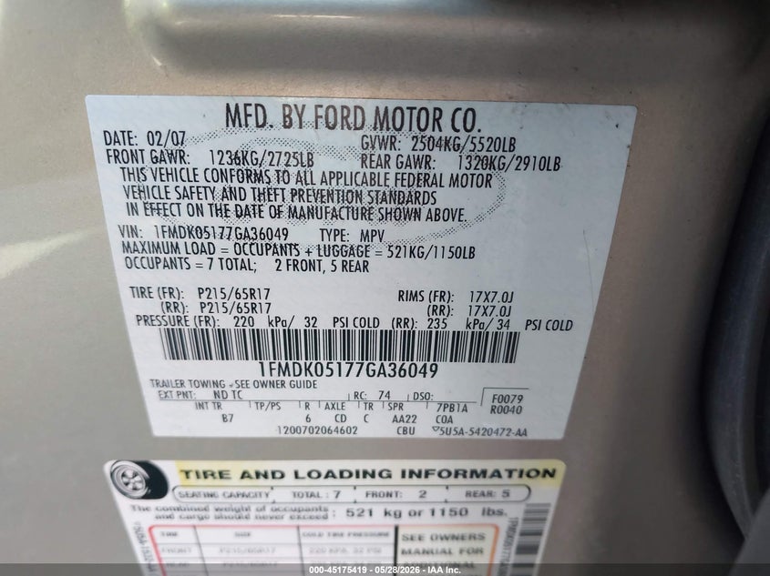 2007 Ford Freestyle Sel VIN: 1FMDK05177GA36049 Lot: 45175419