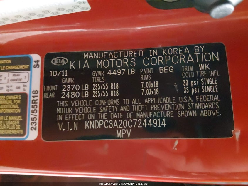 2012 Kia Sportage 2.4 Ex red Lot 111045175430 Vin KNDPC3A20C7244914