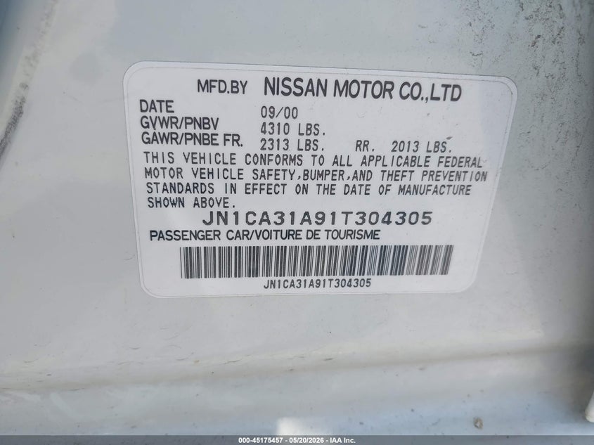 2001 Nissan Maxima Se VIN: JN1CA31A91T304305 Lot: 45175457