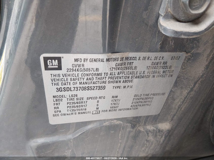 2008 Saturn Vue V6 Xr VIN: 3GSDL73708S527359 Lot: 45175527
