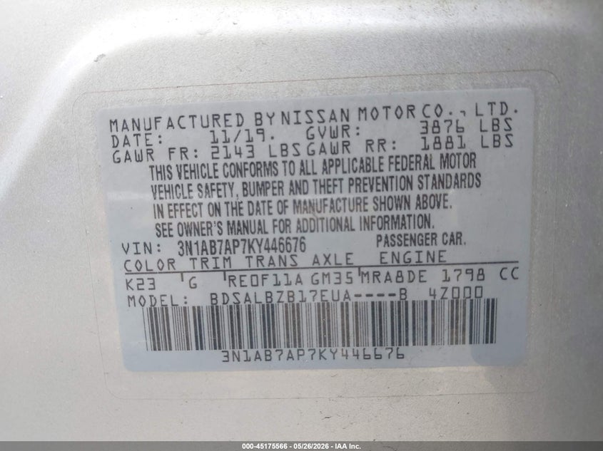 VIN 3N1AB7AP7KY446676 2019 NISSAN SENTRA S