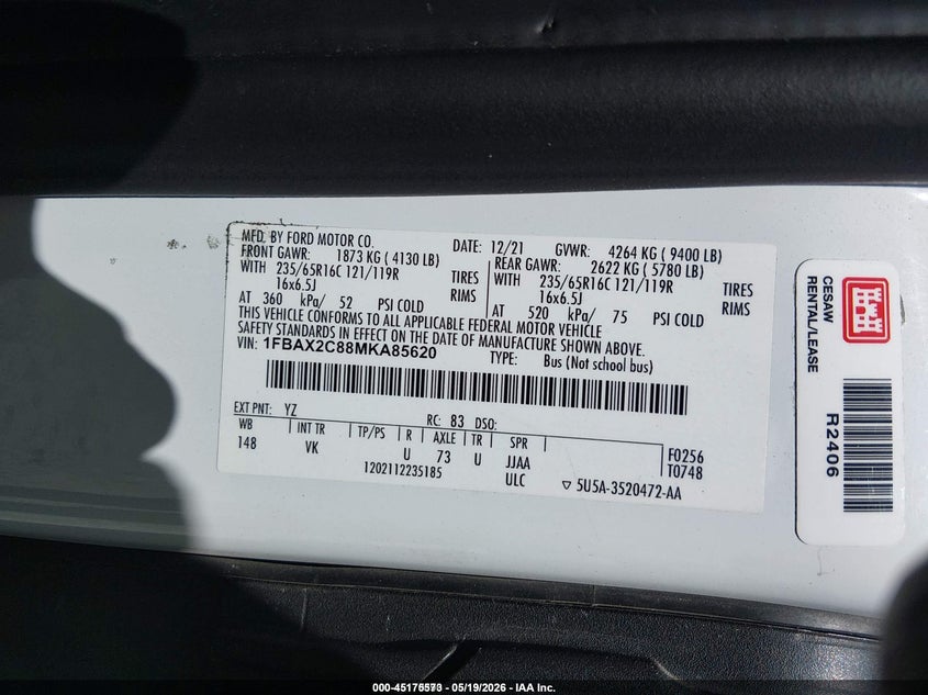 2021 FORD TRANSIT WAGON 3.5L V-6 DI, DOHC, VVT, 275HP