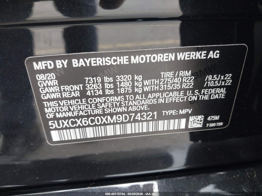 2021 BMW X7 M50I VIN: 5UXCX6C0XM9D74321 Lot: 45175704