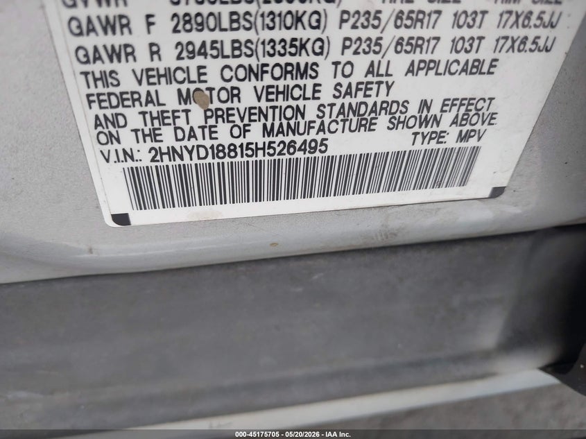 2005 Acura Mdx VIN: 2HNYD18815H526495 Lot: 45175705