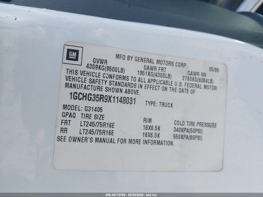 1999 Chevrolet Express VIN: 1GCHG35R9X1148031 Lot: 45175789