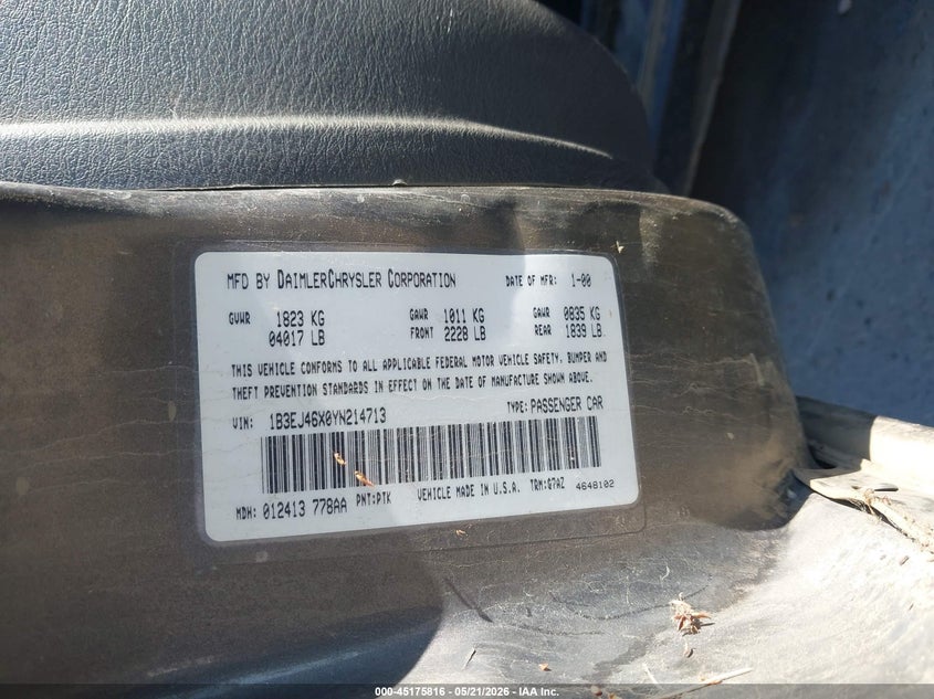 2000 Dodge Stratus Se VIN: 1B3EJ46X0YN214713 Lot: 45175816