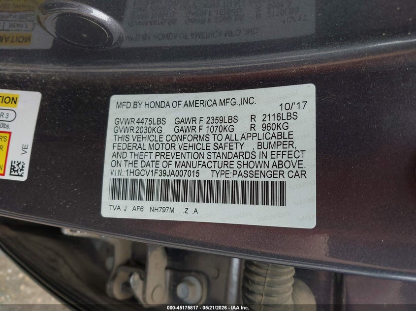 VIN 1HGCV1F39JA007015 2018 HONDA ACCORD SPORT