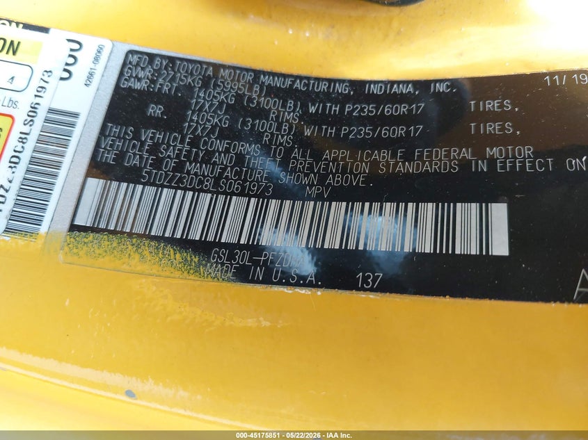 VIN 5TDZZ3DC8LS061973 2020 TOYOTA SIENNA L