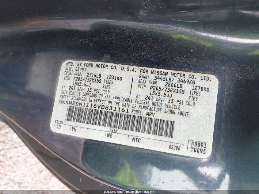 1997 Nissan Quest Gxe/Xe VIN: 4N2DN1116VD831161 Lot: 45175889
