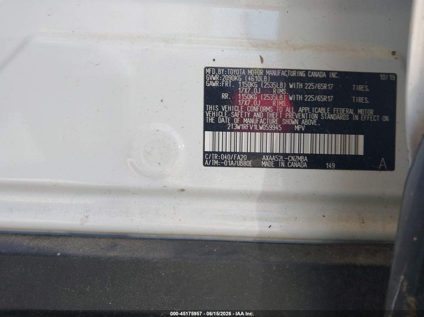 VIN 2T3W1RFV1LW059945 2020 TOYOTA RAV4 XLE