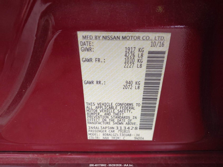 VIN 1N4AL3AP5HN313428 2017 NISSAN ALTIMA 2.5 S