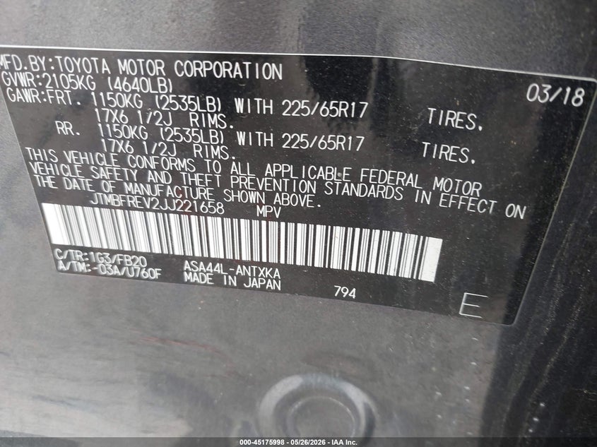 TOYOTA RAV4 2018 VIN JTMBFREV2JJ221658