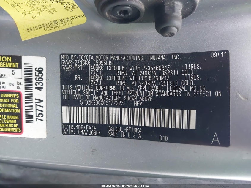 2012 TOYOTA SIENNA VAN 3.5L V-6 DOHC, VVT, 266HP