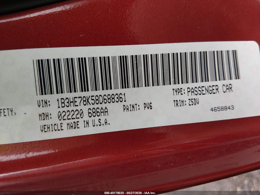 2008 Dodge Caliber R/T VIN: 1B3HE78K58D688361 Lot: 45176020