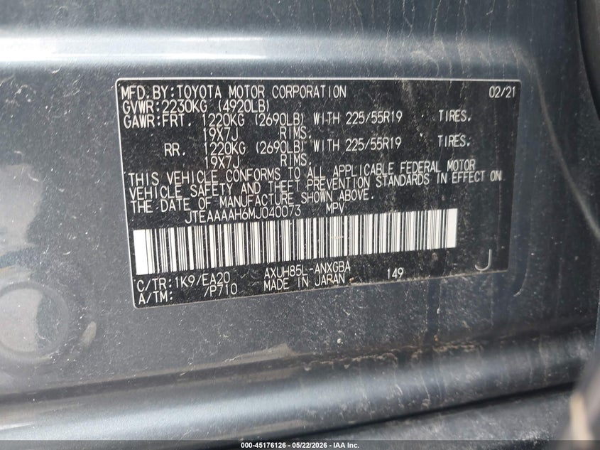 2021 Toyota Venza Xle VIN: JTEAAAAH6MJ040073 Lot: 45176126