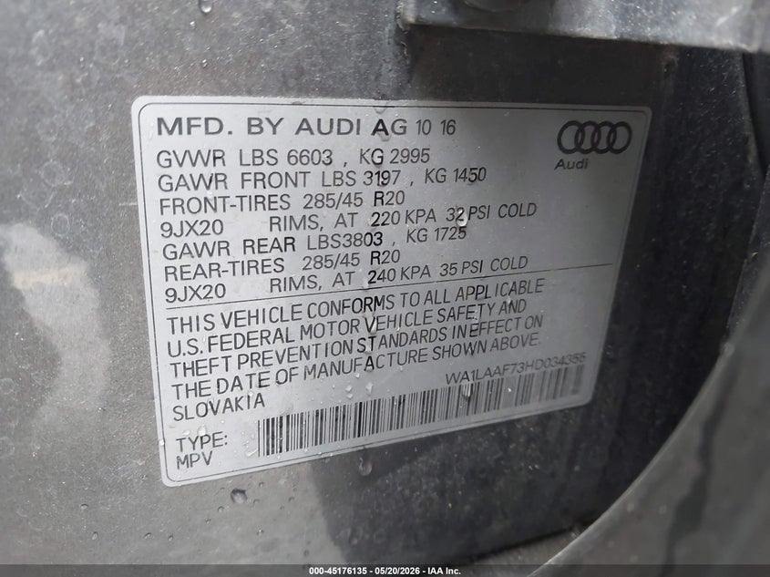 2017 Audi Q7 3.0T Premium VIN: WA1LAAF73HD034355 Lot: 45176135
