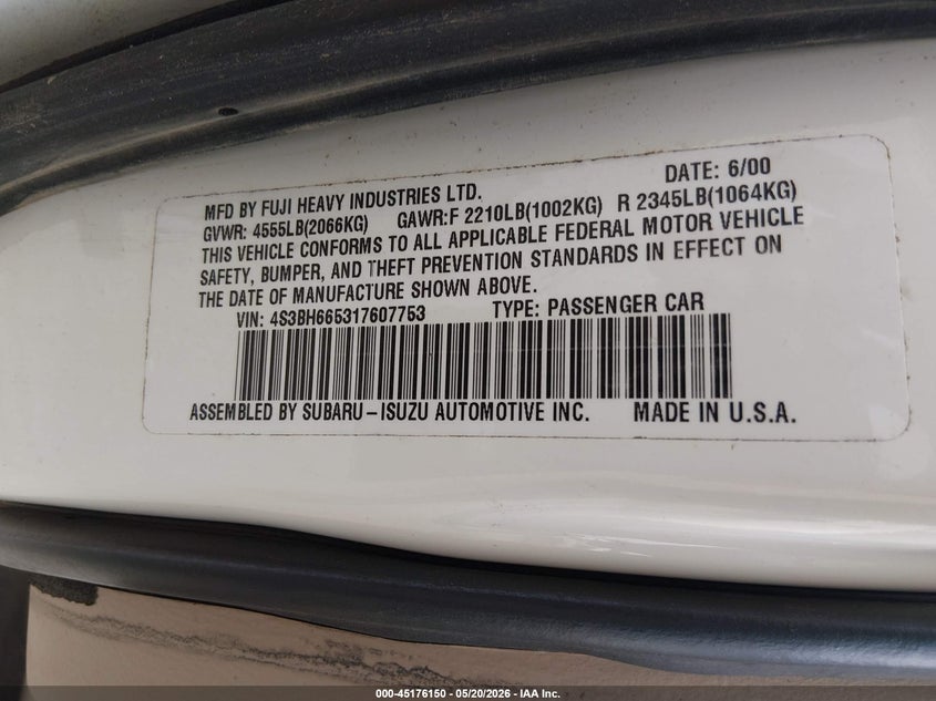 2001 Subaru Outback VIN: 4S3BH665317607753 Lot: 45176150