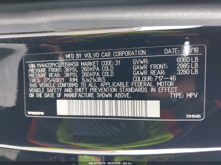2018 Volvo Xc90 T6 Momentum VIN: YV4A22PK3J1358459 Lot: 45176378