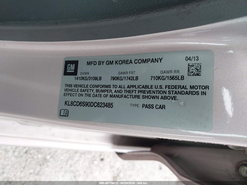 2013 Chevrolet Spark 1Lt Auto VIN: KL8CD6S90DC623485 Lot: 45176413