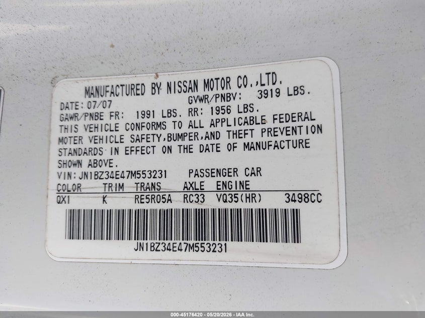 2007 Nissan 350Z Touring VIN: JN1BZ34E47M553231 Lot: 45176420