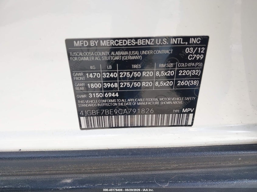 2012 Mercedes-Benz Gl 450 4Matic VIN: 4JGBF7BE9CA791826 Lot: 45176486