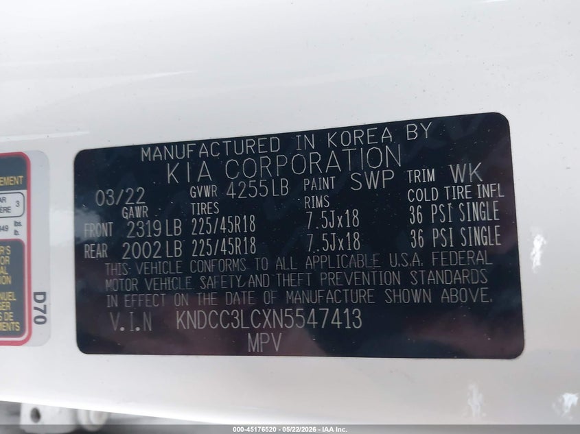 2022 Kia Niro Touring Se VIN: KNDCC3LCXN5547413 Lot: 45176520