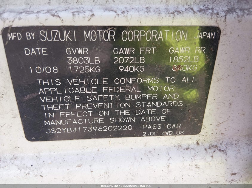 2009 Suzuki Sx4 Touring VIN: JS2YB417396202220 Lot: 45176617