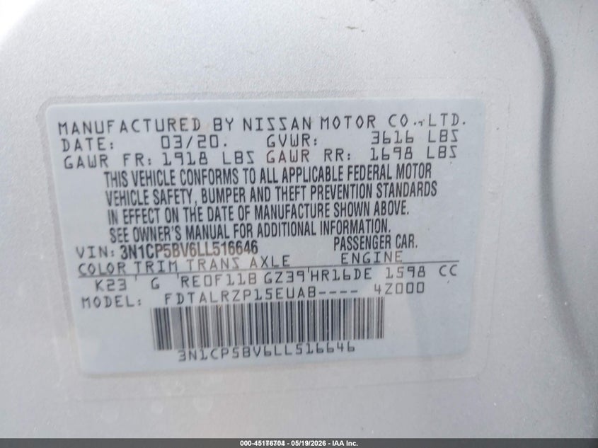 VIN 3N1CP5BV6LL516646 2020 NISSAN KICKS S XTRONIC CVT