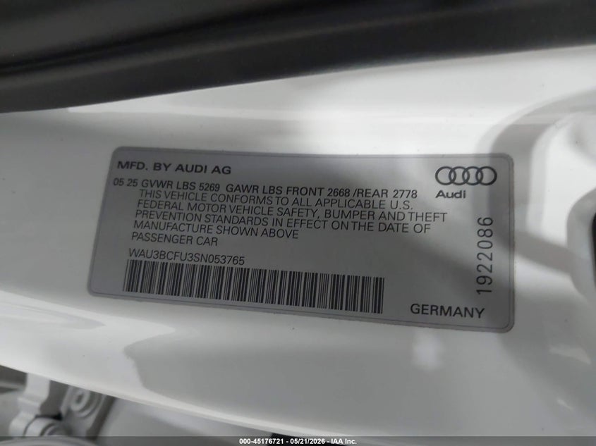 2025 Audi All-New A5 Prestige Tfsi Quattro S Tronic VIN: WAU3BCFU3SN053765 Lot: 45176721