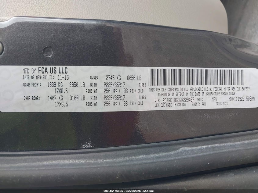 2016 Chrysler Town & Country Touring VIN: 2C4RC1BG9GR229467 Lot: 45176805