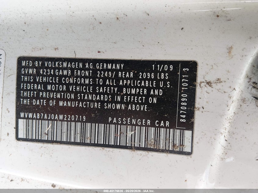 2010 Volkswagen Golf 2-Door VIN: WVWAB7AJ0AW220719 Lot: 45176836