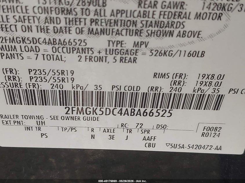 2010 Ford Flex Limited VIN: 2FMGK5DC4ABA66525 Lot: 45176869