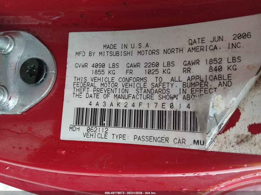 2007 Mitsubishi Eclipse Gs VIN: 4A3AK24F17E014167 Lot: 45176873