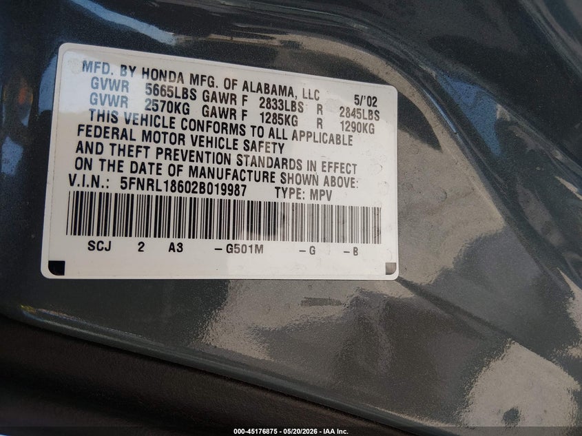 2002 Honda Odyssey Ex VIN: 5FNRL18602B019987 Lot: 45176875