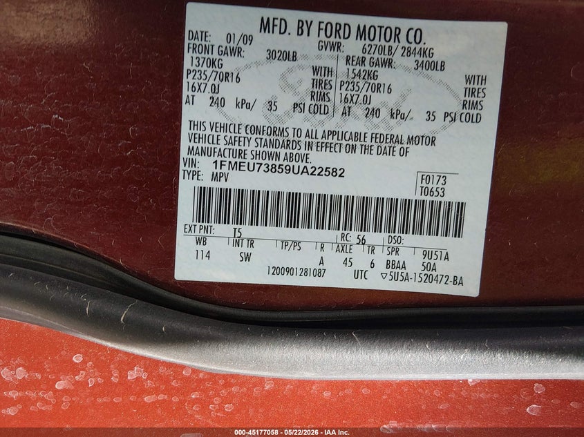 2009 Ford Explorer Xlt VIN: 1FMEU73859UA22582 Lot: 45177058