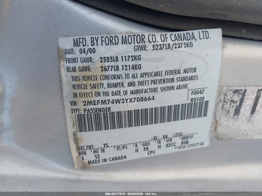 2000 Mercury Grand Marquis Gs VIN: 2MEFM74W3YX708664 Lot: 45177070