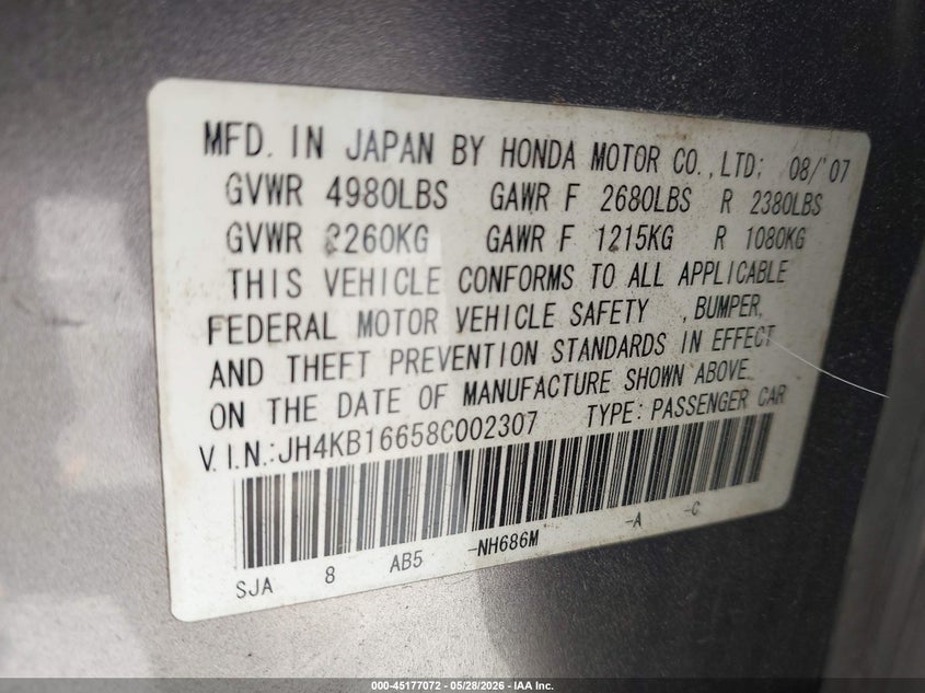 2008 Acura Rl VIN: JH4KB16658C002307 Lot: 45177072